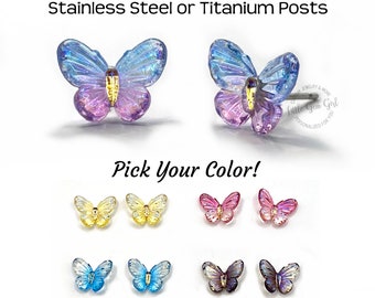 8x10mm Tiny Butterfly Resin Stud Earrings with Titanium or Stainless Steel Posts - Jewel Tone Rainbow Butterflies  - Spring Jewelry Gifts