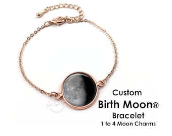 Custom Rose Gold Anniversary or Birth Moon Charm Bracelet with 1 to 4 Personalized Birthday Moons, Adjustable Length Women Jewelry Gift