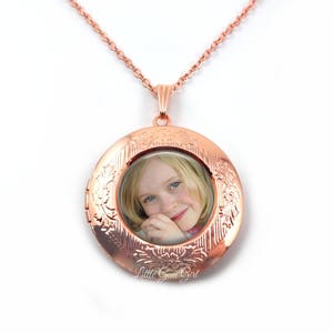 Rose Gold Photo Locket Necklace - Holds up to 3 Photos - Round Picture Locket Customized with your Photo - 4 Finishes Available