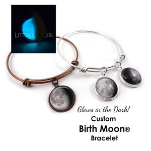 Glow in the Dark Custom Birth Moon Bracelet - 1 to 7 Personalized Moon Phase Wire Wrap Bracelet in Silver, Rose Gold, Stainless Steel