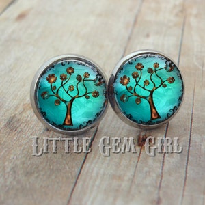 Tree of Life Post Earrings - Glass Dome Studs Available in Four Settings  - Blue Turquoise Winter Tree - Copper Silver Nature Jewelry