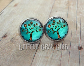 Tree of Life Post Earrings - Glass Dome Studs Available in Four Settings  - Blue Turquoise Winter Tree - Copper Silver Nature Jewelry