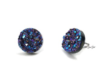 12mm oder 10mm Metallic Indigo Regenbogen Druzy Ohrstecker Titan oder Edelstahl Ohrstecker - Harz Kristall Faux Drusy Ohrstecker