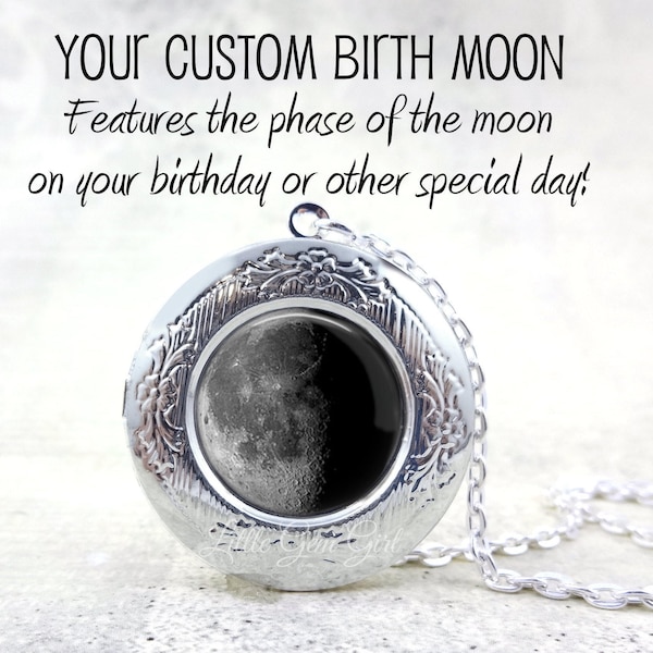 Custom Birth Moon Locket Necklace - Moon Phase Pendant in Silver, Gunmetal, Rose Gold or Bronze - Personalized Birthday Moon Locket Charm