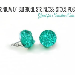 Mint Green Druzy Stud Earrings - 12mm Green Crystal Post Earrings in Titanium or Stainless - Mint Bridesmaids Earrings - St Patricks Day