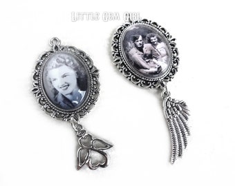 Custom Photo Wedding Bouquet Charm with Angel Wing - In Memory Personalized Picture Charm - Silver Oval Victorian Frame