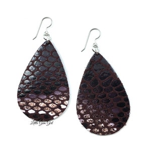 Leopard Print Faux Leather Teardrop Earrings with Titanium Hooks Sensitive Ears - Textured Burgundy Brown Mauve Drop Earrings