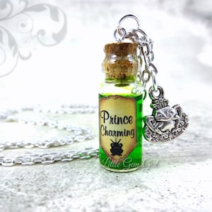 Prince Charming Magic Potion Bottle Necklace - Frog Prince Love Potion Vial Charm - Green Shimmer Liquid Magic Spells - Fairy Tale Jewelry