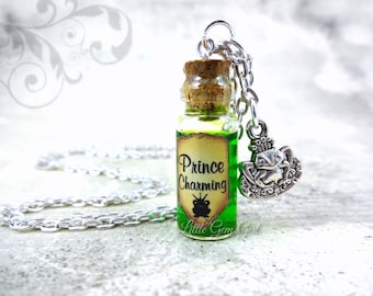 Prince Charming Magic Potion Bottle Necklace - Frog Prince Love Potion Vial Charm - Green Shimmer Liquid Magic Spells - Fairy Tale Jewelry