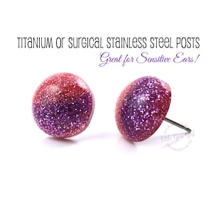 12mm Pink and Purple Glitter Studs with Titanium or Stainless Steel Posts for Sensitive Ears - Minimalist Unicorn Ombre Earrings