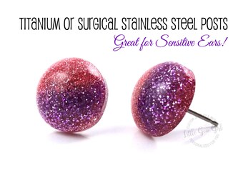 12mm Pink and Purple Glitter Studs with Titanium or Stainless Steel Posts for Sensitive Ears - Minimalist Unicorn Ombre Earrings