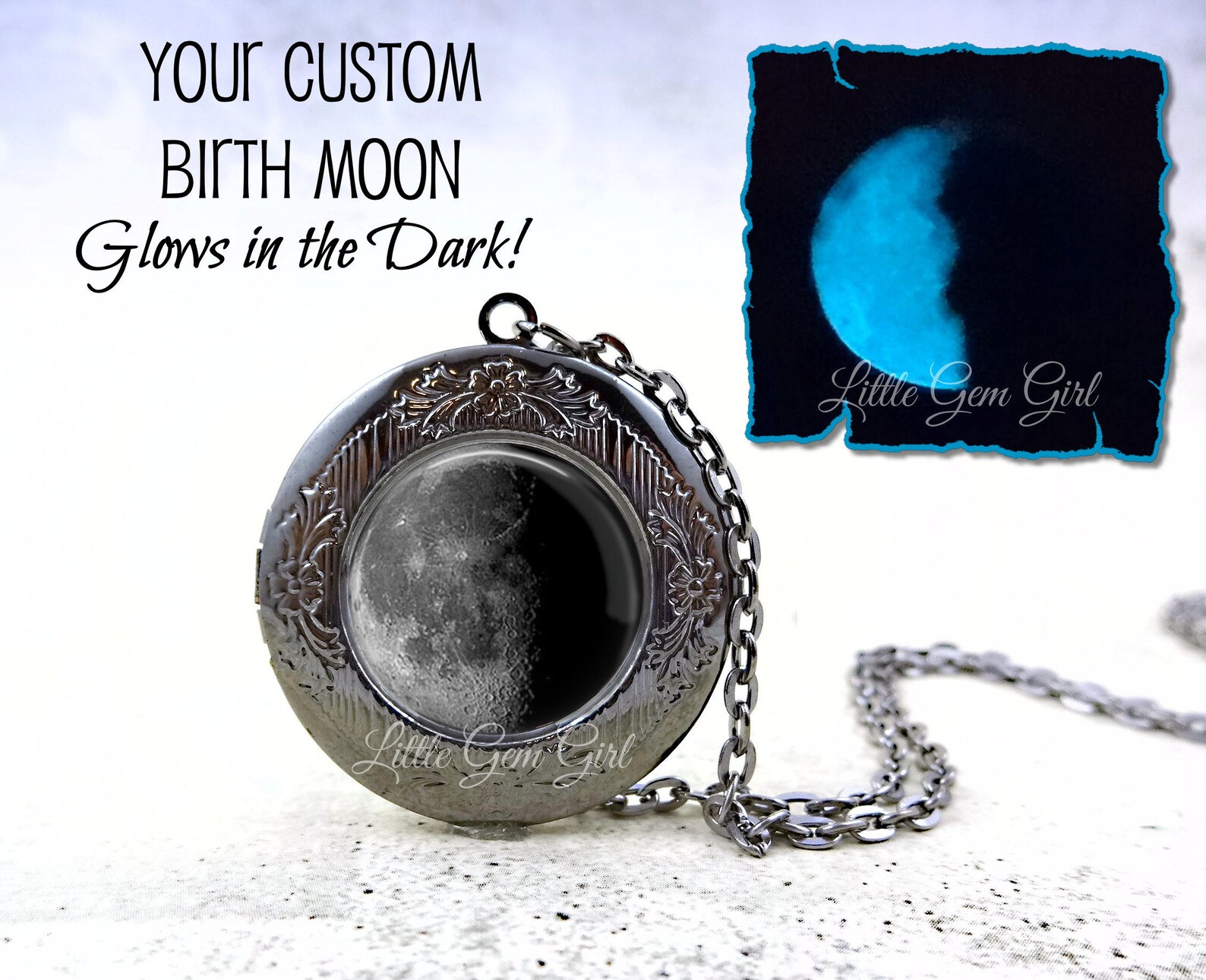Glow in the Dark Custom Birth Moon Locket Necklace - Features the Moon ...