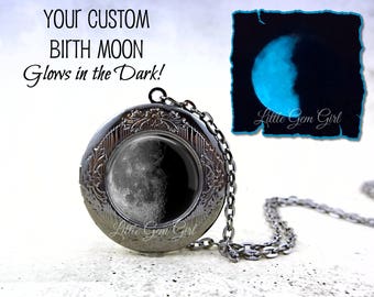 Glow in the Dark Custom Birth Moon Locket Necklace - Features the Moon Phase from the Day you were Born - Glowing Birthday Moon Charm