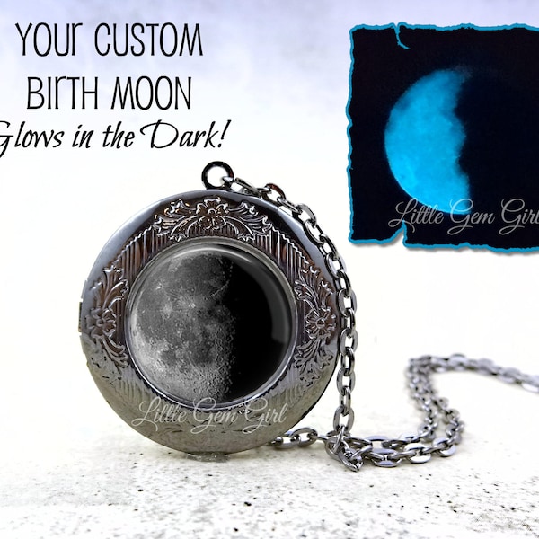 Glow in the Dark Custom Birth Moon Locket Necklace - Features the Moon Phase from the Day you were Born - Glowing Birthday Moon Charm