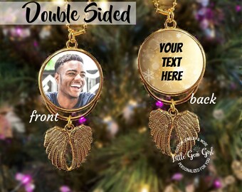 Double Sided Custom Photo Angel Wing Memorial Christmas Tree Ornament, Key Chain or Car Mirror Charm - Silver or Gold Finish 3.74 x 1.81"
