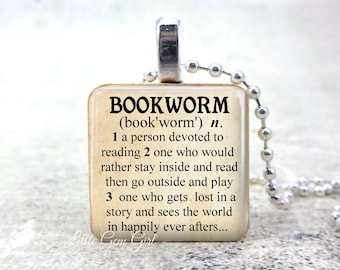 Necklace for Book Lover - Bookworm Dictionary Definition Wood Pendant - Librarian Book Club Teacher Jewelry