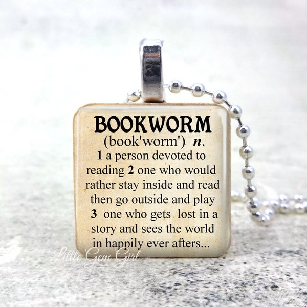 Necklace for Book Lover - Bookworm Dictionary Definition Wood Pendant - Librarian Book Club Teacher Jewelry