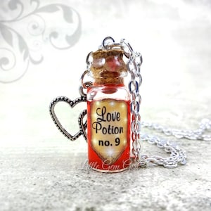 Love Potion Number 9 Mini Bottle Necklace - Red Copper Shimmer Liquid Magic Spell Potion - Once Upon a Time Valentine&#39;s Day Jewelry