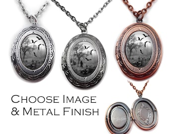 Gothic Halloween Locket in Silver, Gunmetal or Antique Copper - Grim Reaper and Bats in the Cemetery - Small Oval Metal Locket