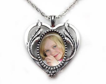 Custom Heart Photo Necklace - Retro Art Deco Silver Heart Picture Pendant - Personalized Photo Jewelry - Wedding Bouquet Charm