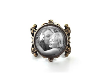 Custom Photo Ring - Picture Ring - Personalized Photo Jewelry - Bronze or Silver Sturdy Adjustable Band - Mothers Day Mom Jewelry
