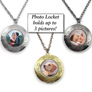 Personalized Photo Locket Necklace - Customized with your Photo, up to 3 - Bronze, Silver, Rose Gold, Gunmetal - Round Custom Photo Locket