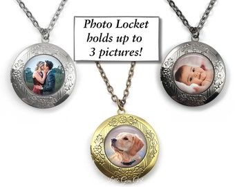 Personalized Photo Locket Necklace - Customized with your Photo, up to 3 - Bronze, Silver, Rose Gold, Gunmetal - Round Custom Photo Locket