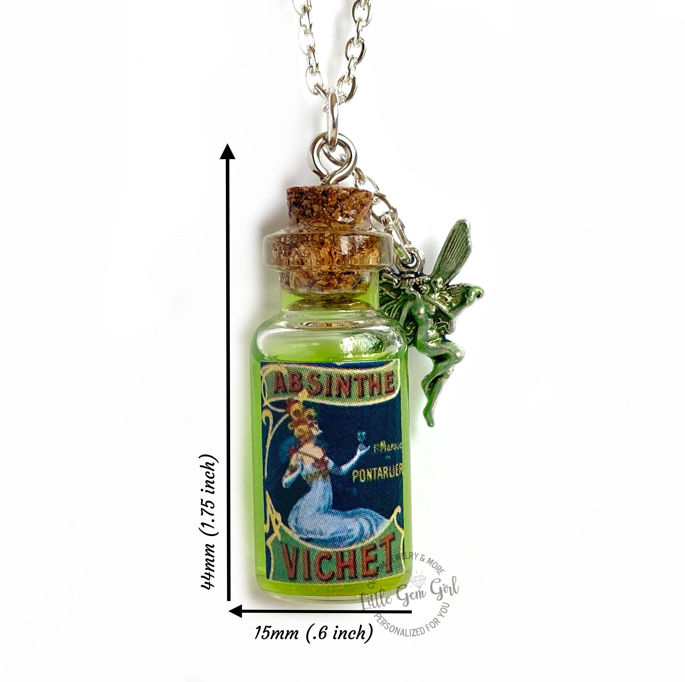 Mini Antique Replica Absinthe Glass Bottle Necklace With Green