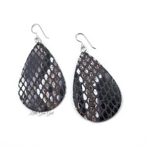 Leopard Print Faux Leather Teardrop Earrings with Titanium Hooks Sensitive Ears - Textured Grey Purple Mauve Drop Earrings