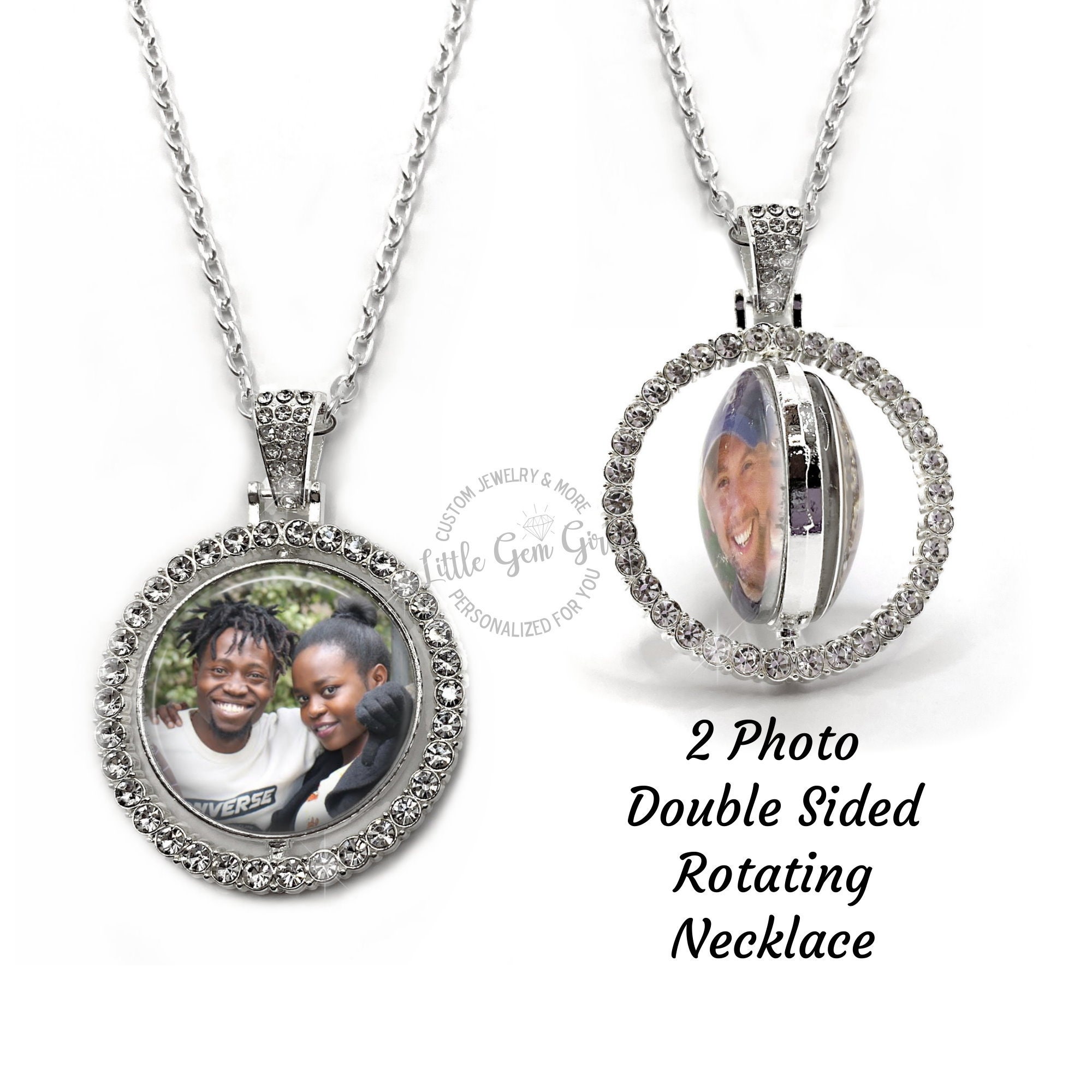 Spinning 360 Custom Photo Necklace in Silver or Gold with Rhinestone Edging 2 Picture Rotating Pendant Gift for Mom Memorial Keepsake