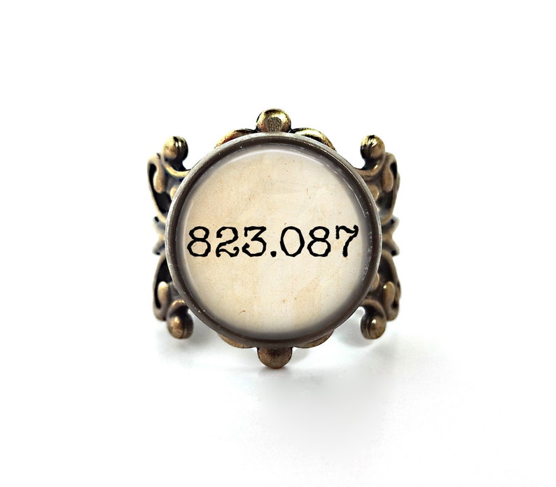 Sci Fi Fantasy Detective Horror Book Jewelry Book Quote Antique Filigree Ring 823.087 Geekery Book Nerd Dewey Decimal Library Book Ring image 1