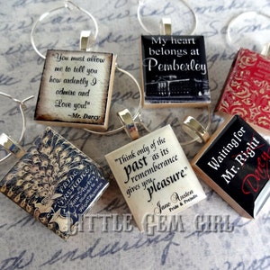 Jane Austen Wine Charms - Set of 6 Scrabble Tile Book Lover Gift – Literary Austen Quotes Pride and Prejudice Mr Darcy Party Favors