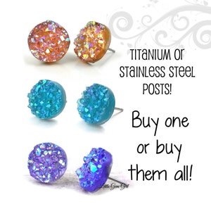 Set of 3 Druzy Studs in Blue Teal, Orange and Purple Crystal - Titanium or Stainless Steel for Sensitive Ears - Nickel Free Earrings