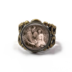 Custom Photo Ring – Personalized Picture Jewelry with Adjustable Bronze or Silver Filigree Band, Gift for Mom