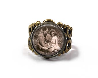 Custom Photo Ring – Personalized Picture Jewelry with Adjustable Bronze or Silver Filigree Band, Gift for Mom