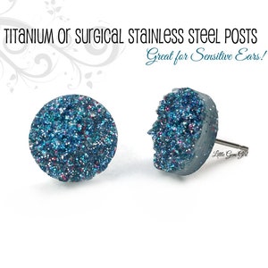 12mm Smokey Turquoise Druzy Stud Earrings - Steel Blue with Rainbow Faux Druzy Earrings - Titanium or Stainless Steel Posts