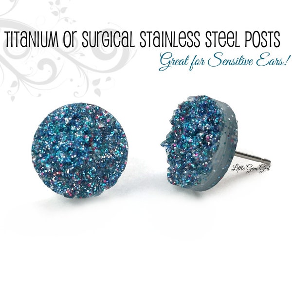 12mm Smokey Turquoise Druzy Stud Earrings - Steel Blue with Rainbow Faux Druzy Earrings - Titanium or Stainless Steel Posts