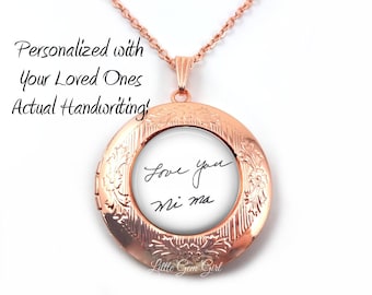 Rose Gold Handwriting Locket Personalized Signature Necklace - Holds 2 inside Photos - Round Locket Customized with Childs Artwork