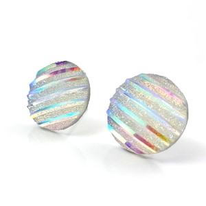 12mm White Rainbow Striped Earrings - Iridescent Rainbow Earrings - Titanium or Stainless Steel Studs - Retro Striped 80's Earrings