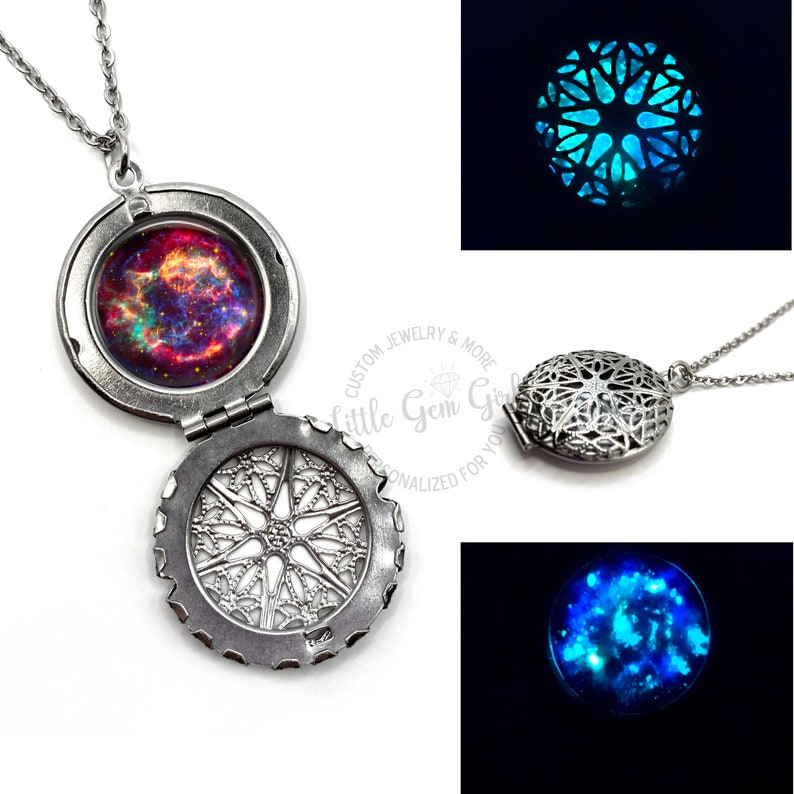 Glow in the Dark Galaxy Necklace 24 Images Glowing Space Locket Silver, Stainless Steel, Gold etc Nebula Stars Solar System Glow Jewelry image 4