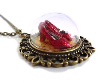 The Wonderful Wizard of Oz Necklace - Ruby Red Slippers Pendant - Oz Jewelry on the Yellow Brick Road Glass Dome Brass Pendant