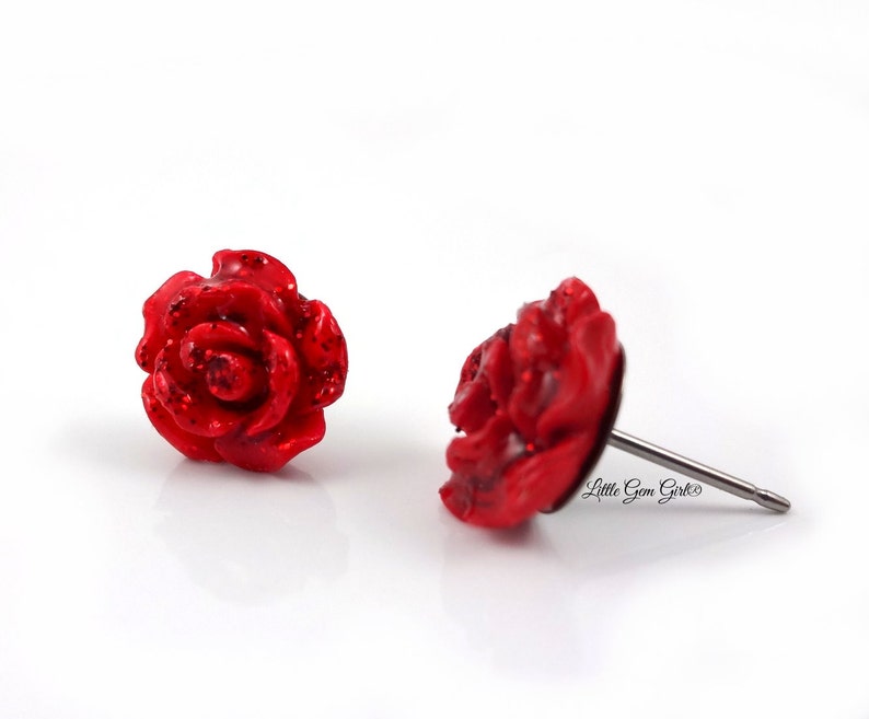 Beauty and the Beast Earrings Enchanted Red Rose Studs Titanium or Stainless Steel Studs Sensitive Ears Belle Tiny Rose Earrings image 3