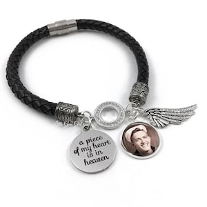 Custom Photo Memorial Bracelet – 6mm Braided Leather with Angel Wing & Engraved Charm – A Piece of My Heart is in Heaven Gift
