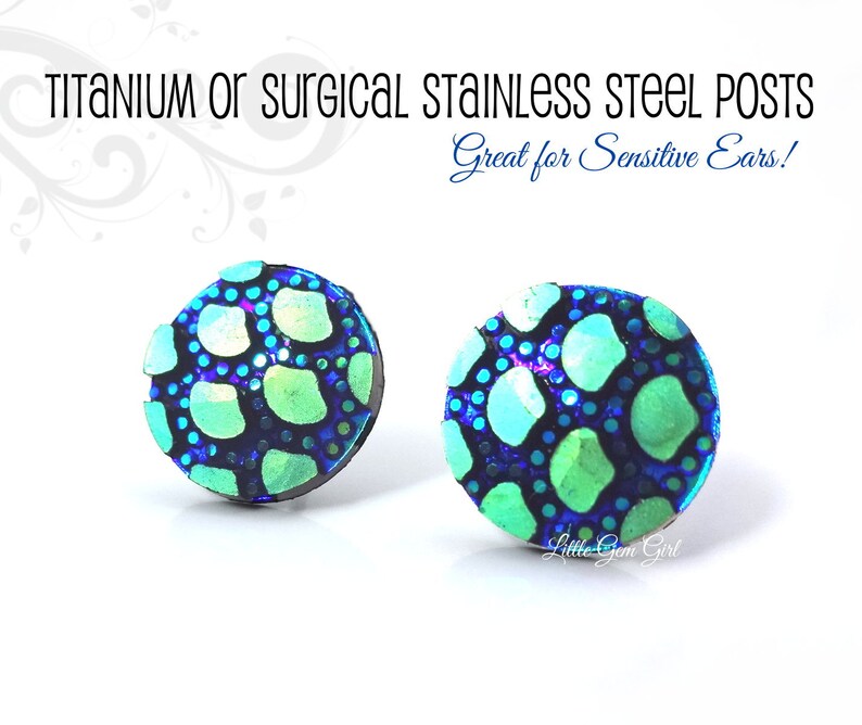 May include: A pair of blue and green patterned stud earrings with titanium or surgical stainless steel posts.  Great for sensitive ears!