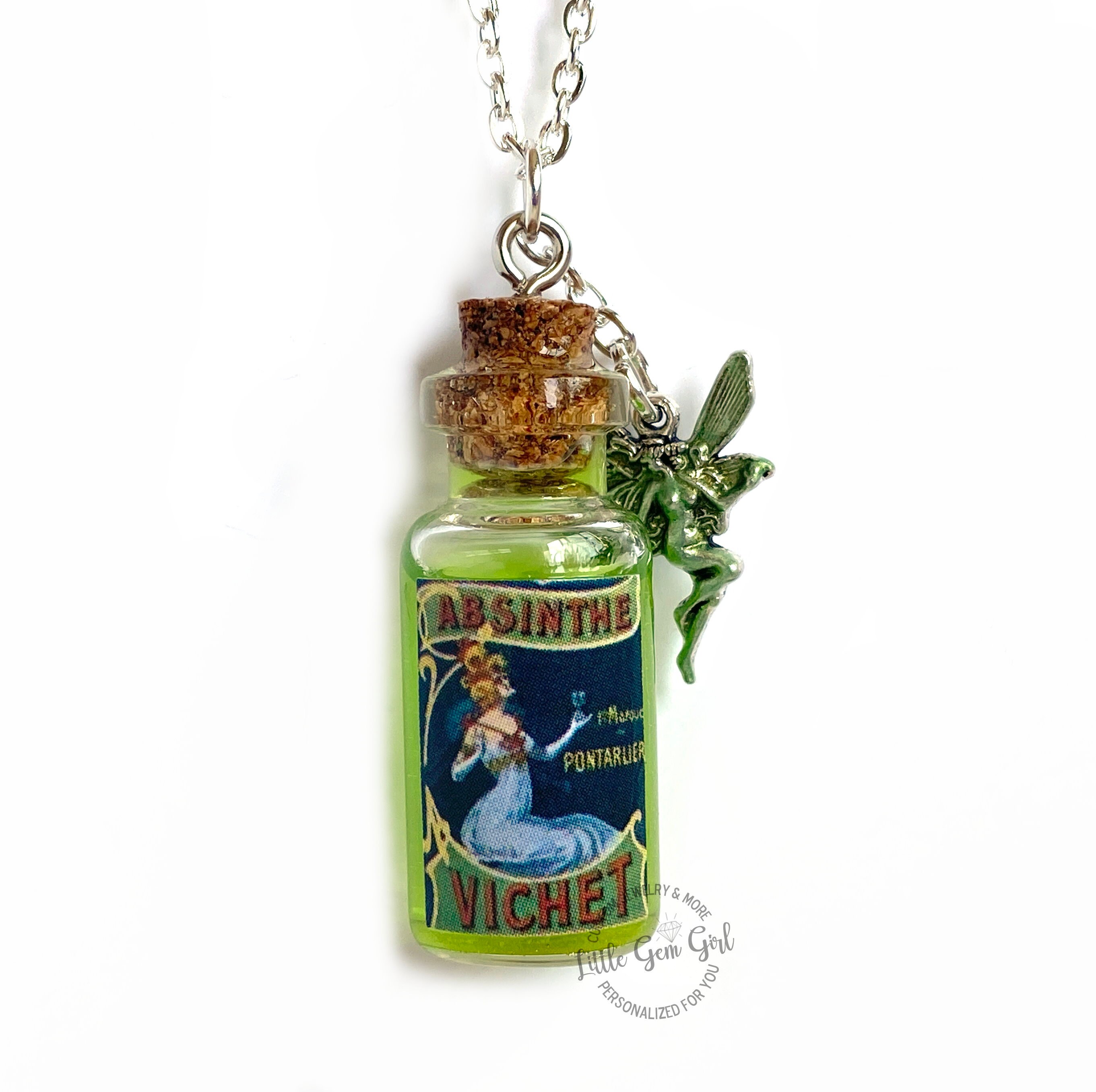 Mini Antique Replica Absinthe Glass Bottle Necklace With