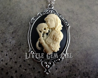 Gypsy Day of the Dead Girl Cameo Necklace - Skeleton Lady Cameo Victorian Gothic Tattoo Girl & Skull Cameo - Dia De Los Muertos Jewelry