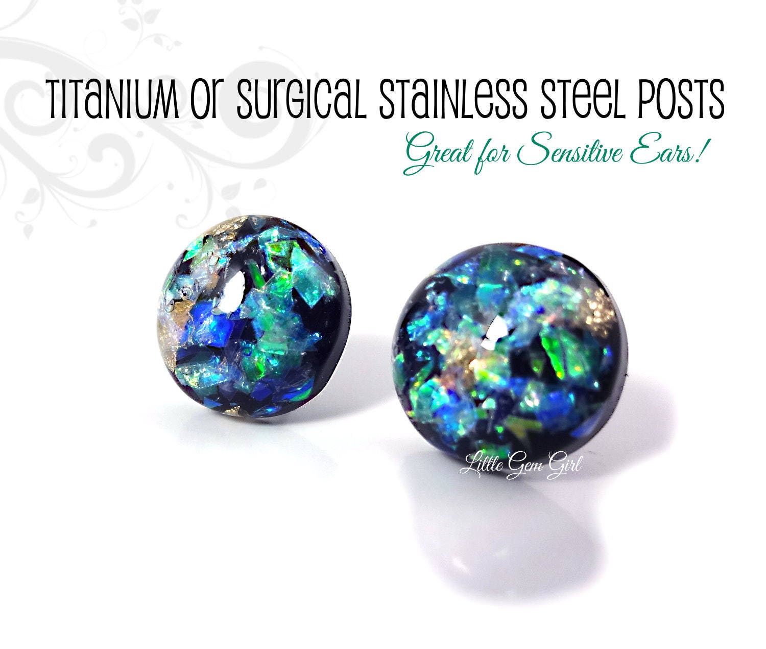 12mm Black Iridescent Gold Leaf Stud Earrings in Titanium or