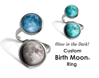 Glow in the Dark Custom Birth Moon Ring with Double Lunar Phases - Glowing Moon in Stainless Steel, Silver, Bronze Adjustable Band Unisex