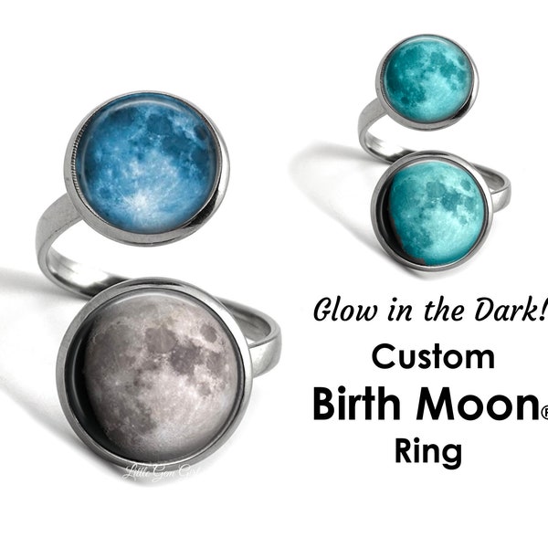 Glow in the Dark Custom Birth Moon Ring with Double Lunar Phases - Glowing Moon in Stainless Steel, Silver, Bronze Adjustable Band Unisex