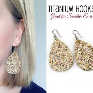 Gold Leather Teardrop Earrings Titanium Hooks Sensitive Ears - Golden Glitter Teardrop Earrings Hypoallergenic Trendy Drop Earrings